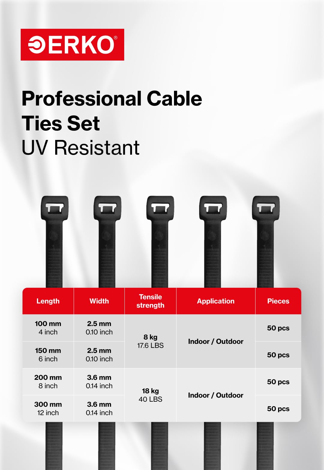 ERKO Cable Ties Black Set 200 Pieces, Various Sizes 100/150/200/300mm, 2.5/3.6mm Width UV-Resistant, Temperature Resistant - Image 2