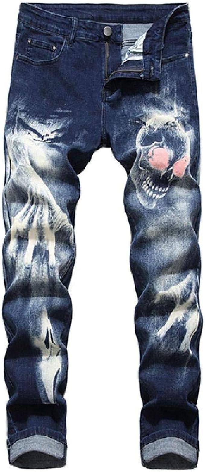 Hddyj Jeans da Uomo con Stampa Teschio Slim Pantaloni Dritti Elasticizzati  Dritti Blu Nero : Amazon.it: Abbigliamento