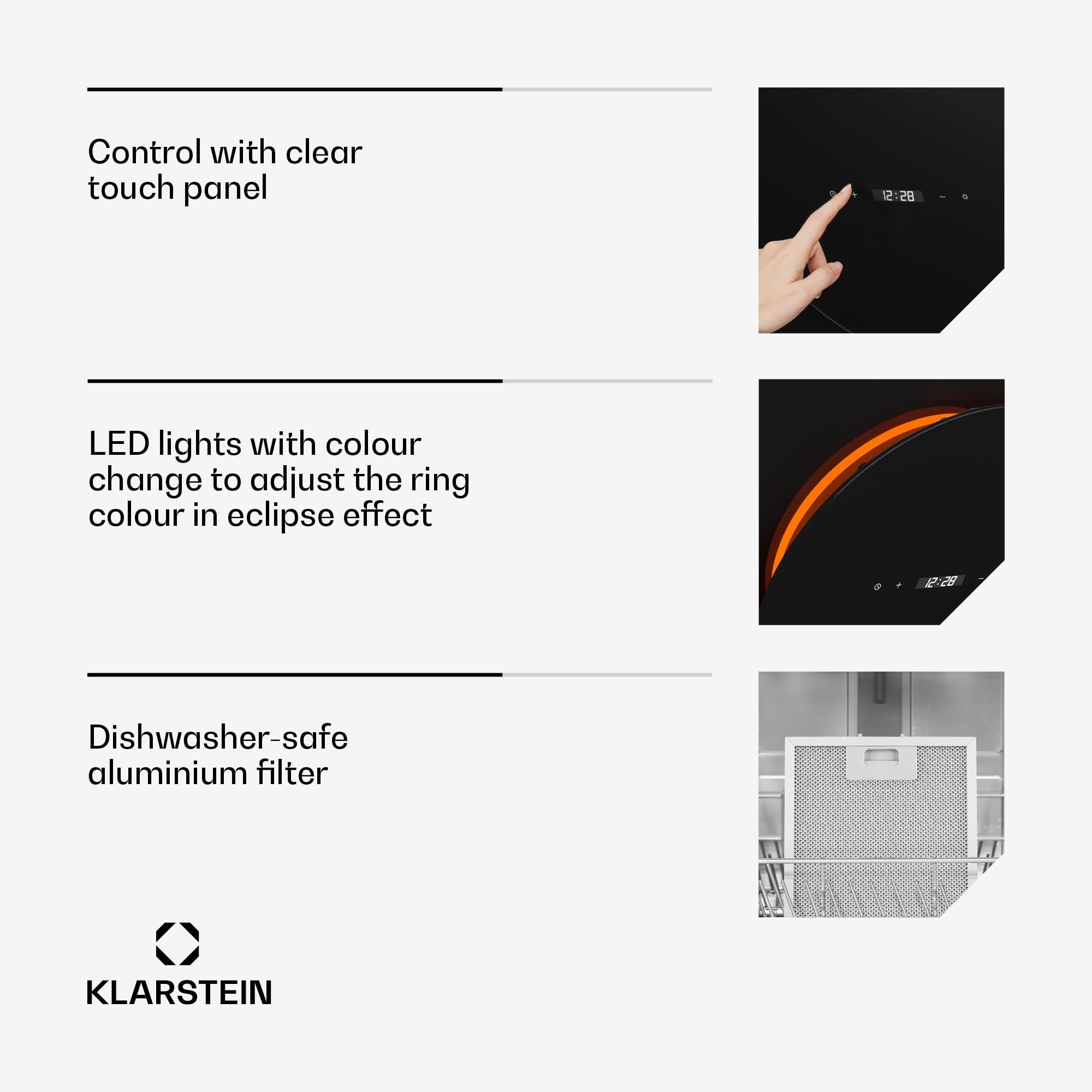 Klarstein Total Eclipse Okap kuchenny - Okap skośny 60 cm, Oświetlenie LED 3000 K-6500 K, 600 m³/h, Sterowanie dotykowe, Klasa energetyczna A, 61 dB, Recyrkulacja i wyciąg, Czarny