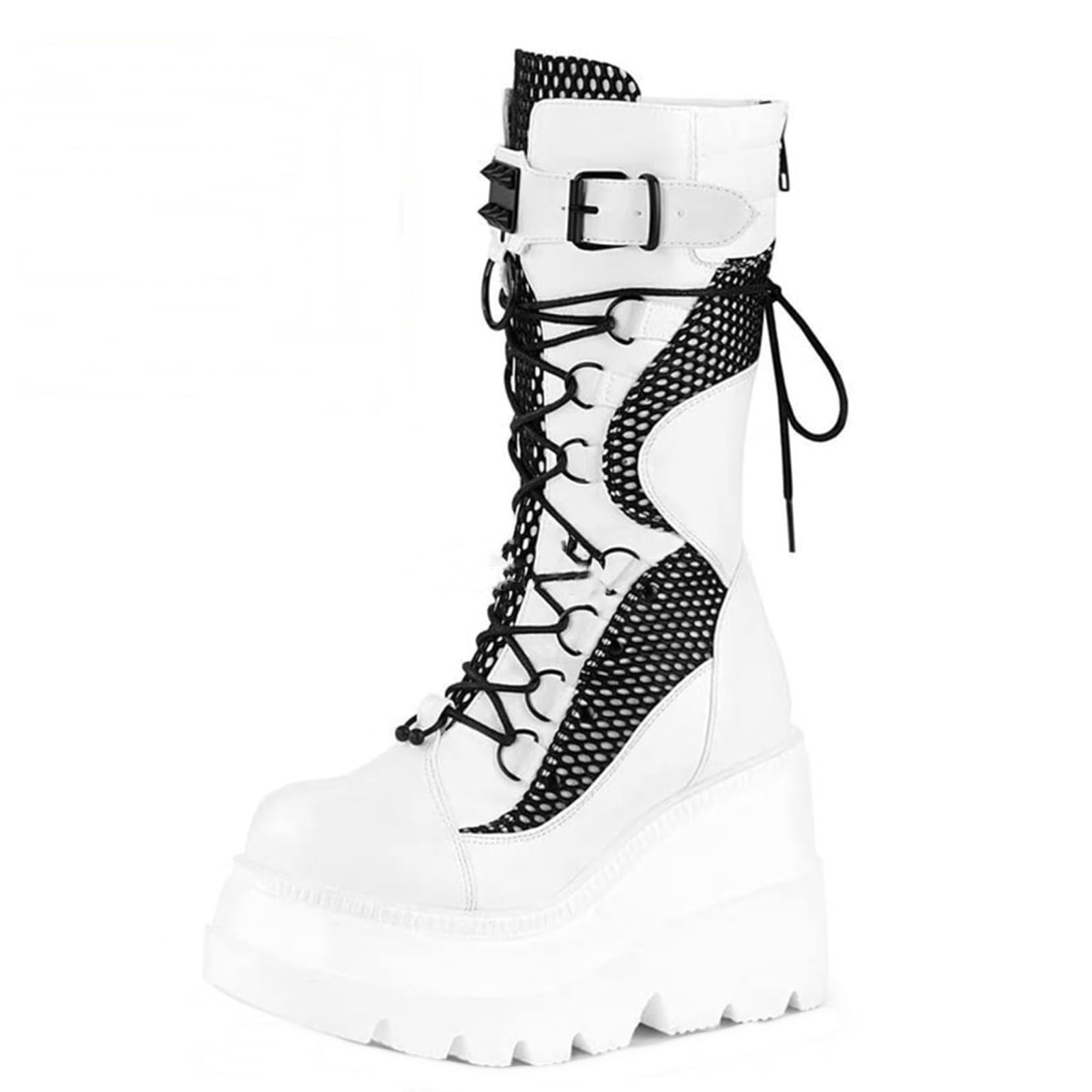 Womens Gothic Punk Platform Boots Chunky Wedge Heel Combat Boots Lace-Up and Zipper Mid Calf Motorcycle Boot