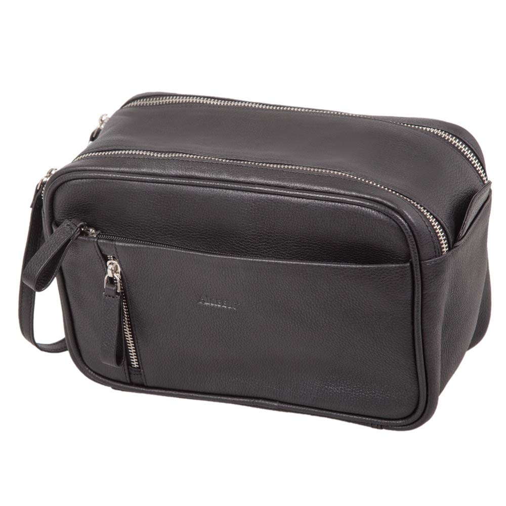 Alassio 47036 - Kulturtasche Salina, Kulturbeutel aus Echtleder, Reisetasche für Herren und Damen mit Reißverschluss Hauptfach, Waschtasche in schwarz, Kosmetiktasche ca. 16 x 24,5 x 12 cm