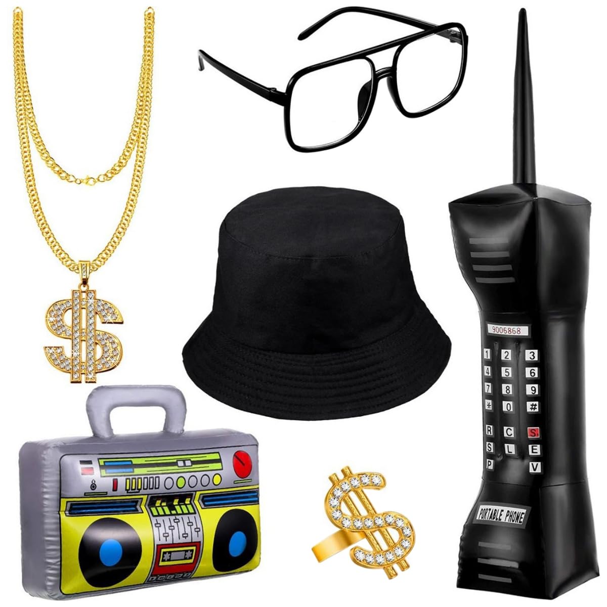Hsthe Sea 6PCS Hip Hop Fancy Dress Accessories Rapper Costume Set Gold Necklace Ring Fisherman's Hat Glasses Set for Hippie Glasses Disco Theme Party