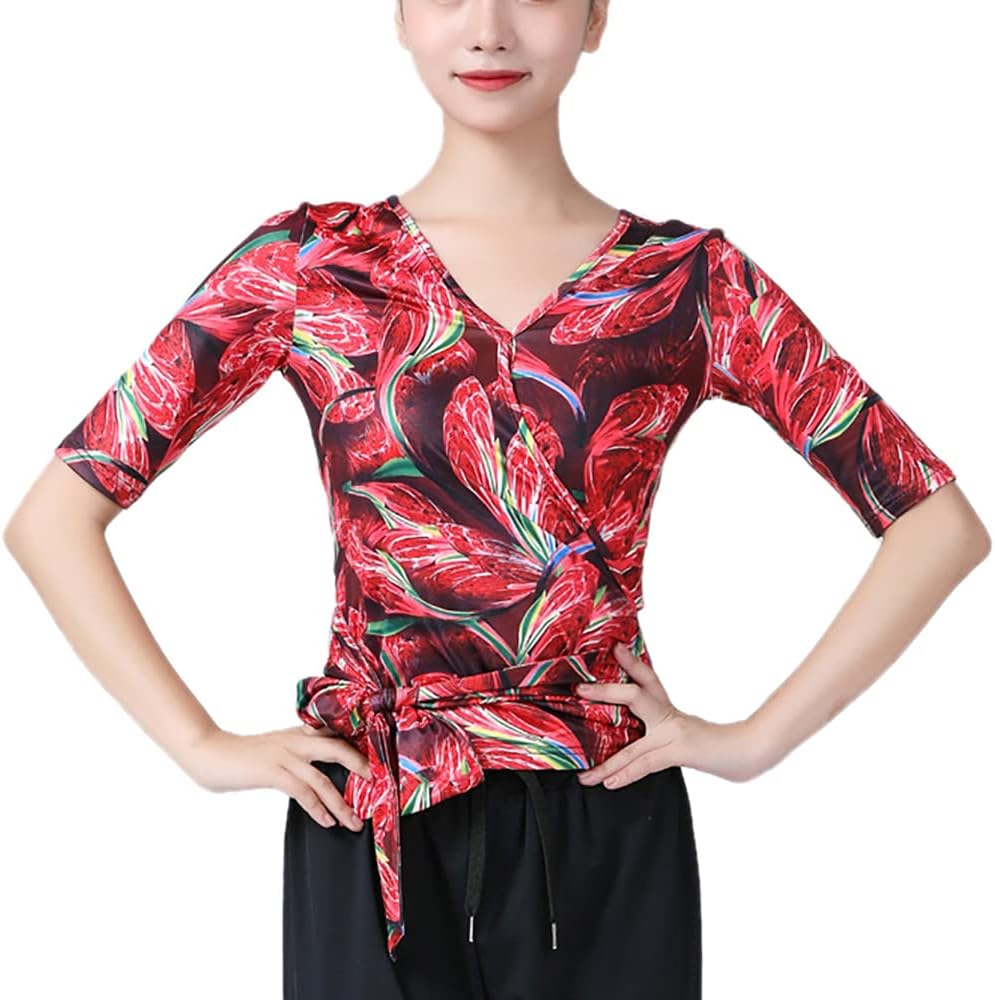 Whitewed Adult Women's Faux Wrap Tie Waist Sleeve Dance Yoga Gym Top T Shirts V Neck