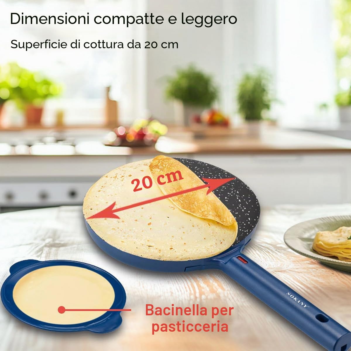 SOKANY SK-07057 Crepiera elettrica con Manico - Crepes Maker, Crêpes Maker Antiaderente, Temperatura automatica, Diametro 20 cm, Piastra Crepes Macchina Portatile