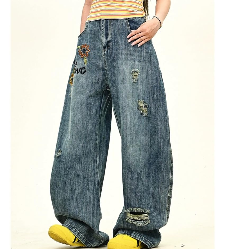 Y2k Vintage Flower Letter Embroidery Slub Pattern Harajuku Baggy Jeans Hiphop Grunge Ripped Wide Leg Casual Denim Pants4