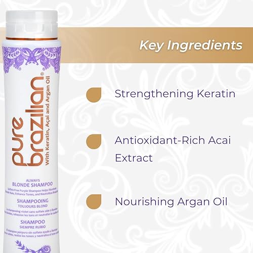 Miniatura 3 de Pure Brazilian Always Blonde Champú con queratina, Acai y aceite de argán, champú morado para cabello teñido sin sulfatos, 13.5 onzas líquidas