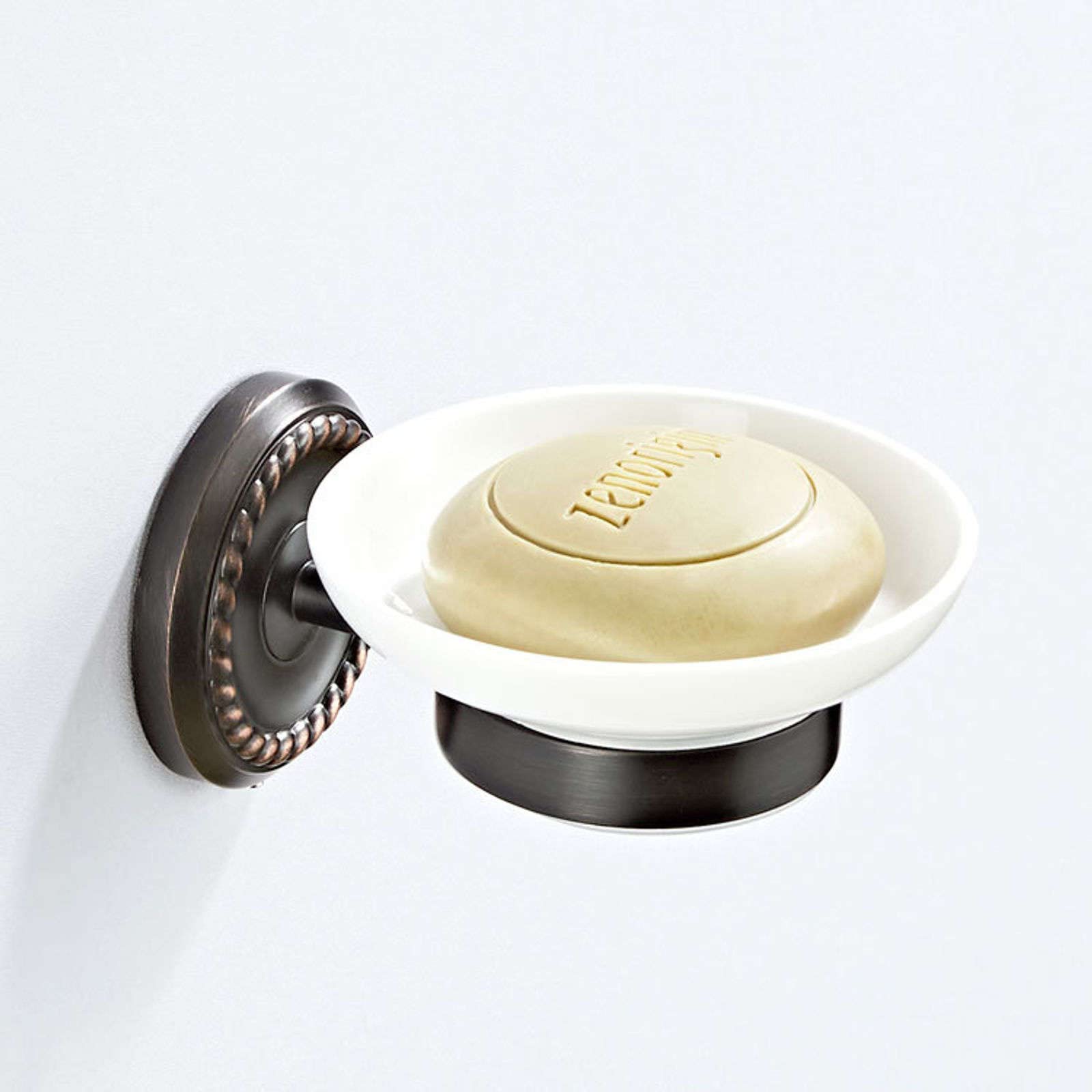 Jabonera para Colgar en la Pared Jabonera Ovalada con Plato de cerámica, Negro Mate, latón Antiguo, Euro, Retro, baño, Cocina(Round)