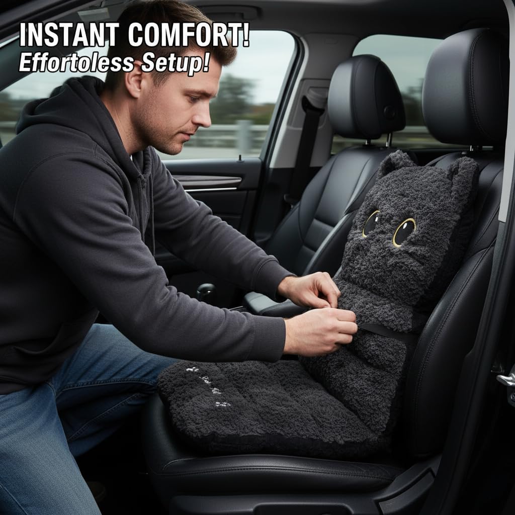 Plush Black Cat Car Seat Cushion and Backrest Combo - Comfy Universal Auto Interior Accessory for Driving Comfort