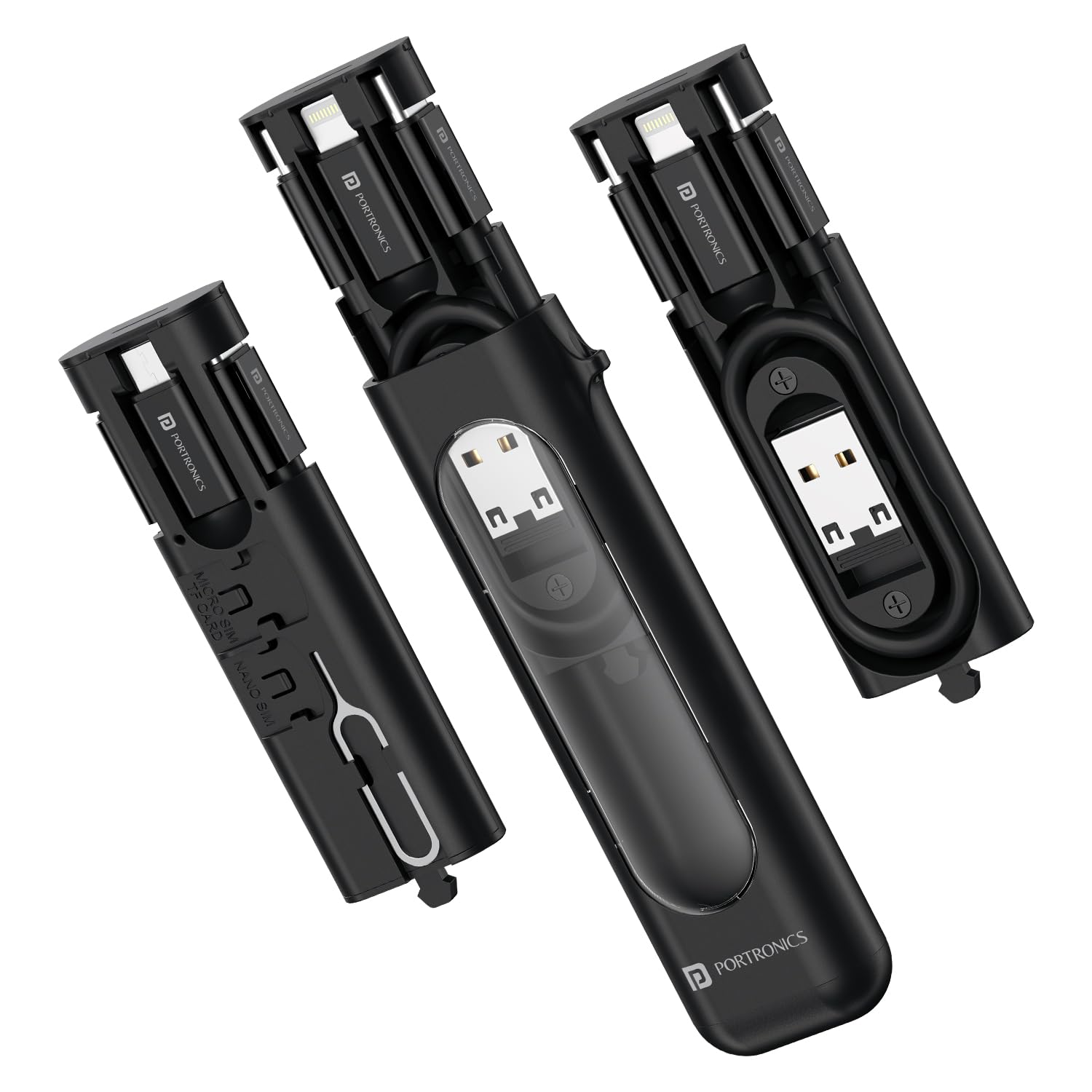 Portronics Snapcase 4 60W Multifunctional Fast Charging Data Cable Transparent Kit, Conversion Set USB A & Type C to Male Micro/Type C/Lightning, Data Transfer, Sim Storage, Sim Eject Pin,Pocket Size