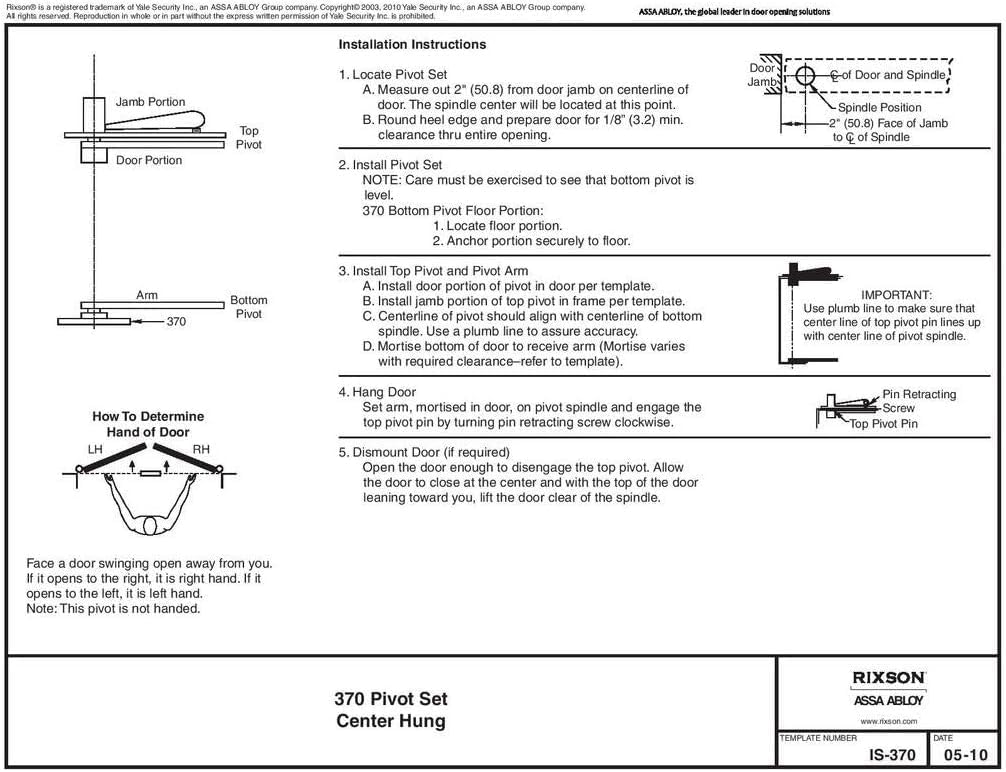 Rixson (Assa Abloy) Center Hung Pivot Hinges, Model 370 BSP, Interior or Exterior Doors up to 3' 8" x 8' 6" (500 lbs.),
