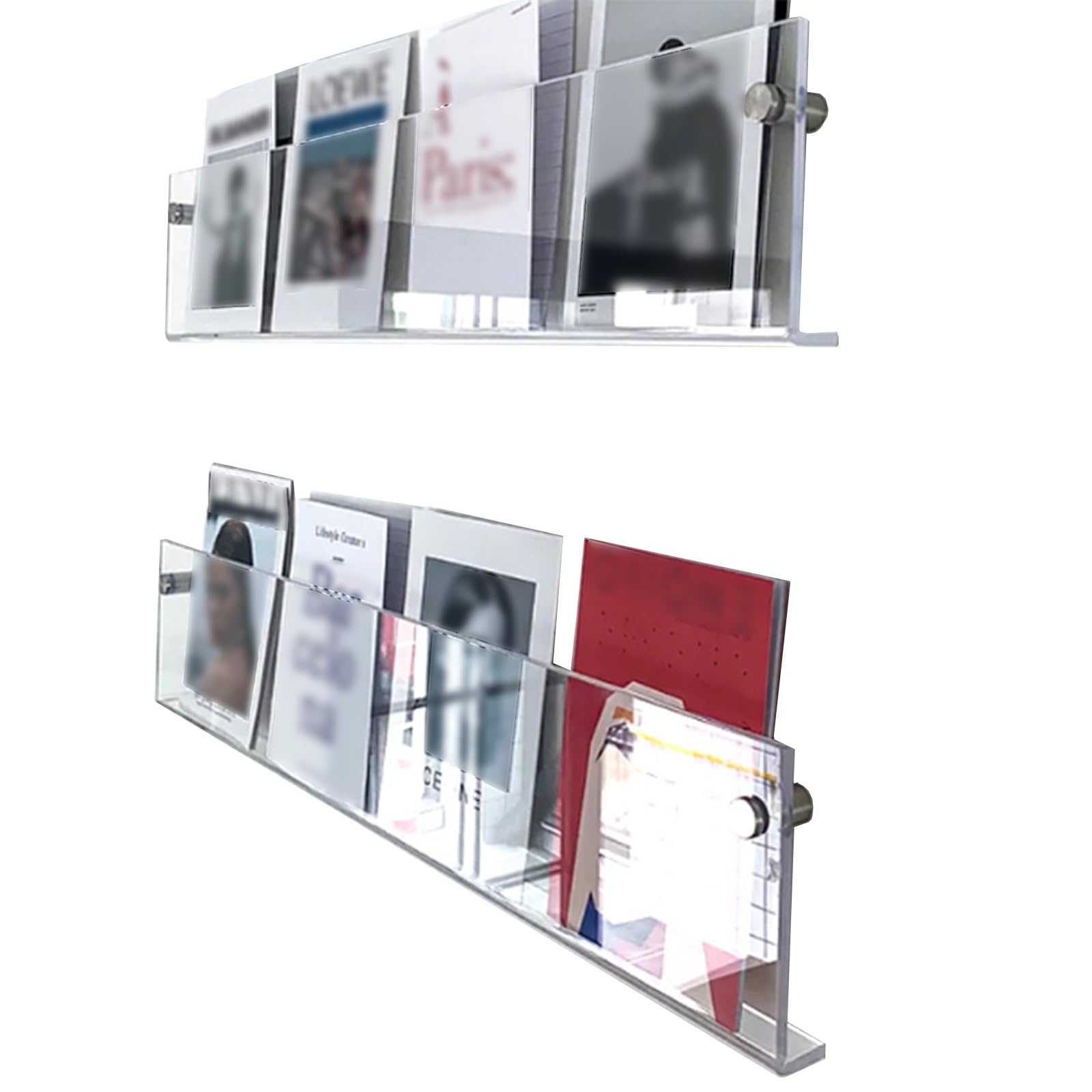 Porte-revues mural en acrylique transparent pour salle de bain, présentoir élégant pour livres et brochures, dossiers, cahiers, journaux, CD, étagère de rangement de 120 cm