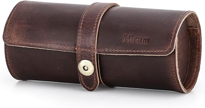 Hiram Genuine Leather Travel Watch Case Roll Organizer Classic, Leather 3-Watches Roll Case for Watches and Bracelets-Coffee