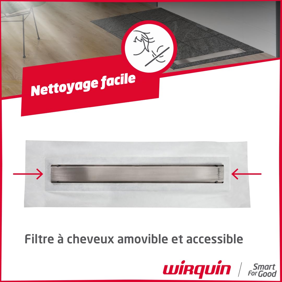 Wirquin 30723956 Caniveau de Douche Sortie Orientable 70 cm | Grille inox brossé, sortie orientable 360°, natte d'étanchéité pré-collée, installation facile, entretien facile, chromé