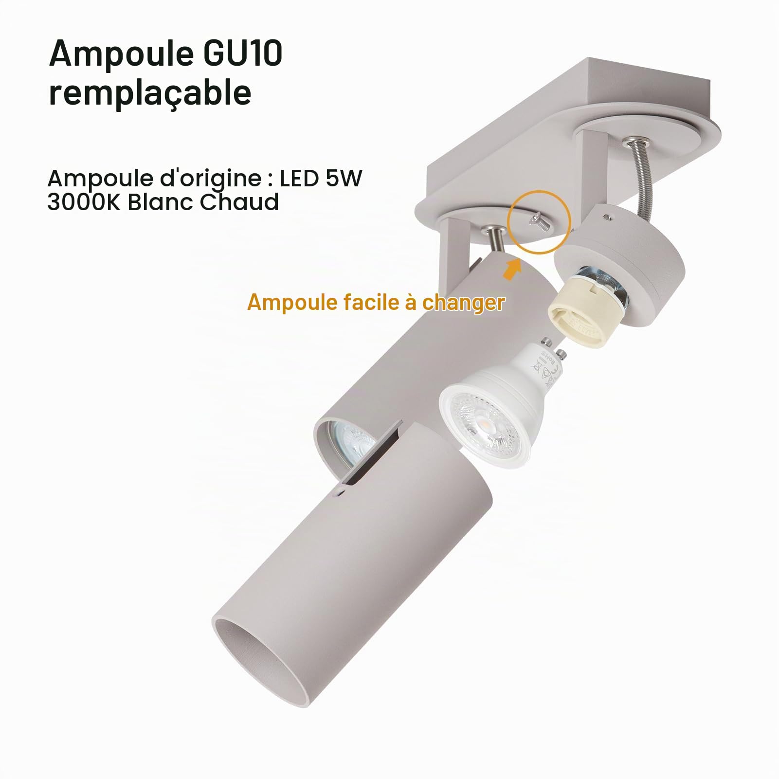 DAWALIGHT Luminaire 2 Spot GU10 5W 3000K Blanc chaud Lampe Plafond Moderne Plafonnier LED Orientables pour Interieur Salon Bureau Salle à Manger Cuisine Couloir, Aluminium