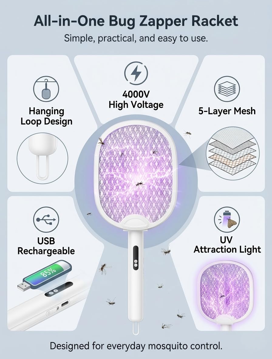 WOCVRYY Składana Elektryczna łapka na Komary 4000 V Urządzenie 3 w 1 ładowane Przez USB (Akumulator 1800 mAh) z Oświetleniem LED Przenośna Rakieta na Komary do Użytku Wewnątrz i na Zewnątrz