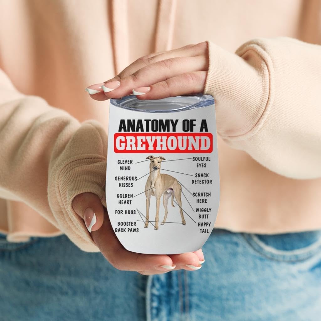 Red Greyhound Tumbler 12oz - Funny Anatomy Chart Design - Stainless Steel Vacuum Insulated Wine Cup With Lid - Gifts for Dog Lovers