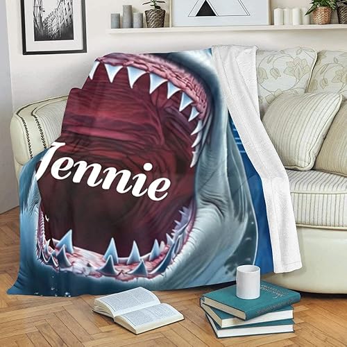 Miniatura 3 de Manta personalizada con texto del nombre, manta personalizada de vellón de tiburón feroz súper suave para sofá, cama (50 x 60 pulgadas)