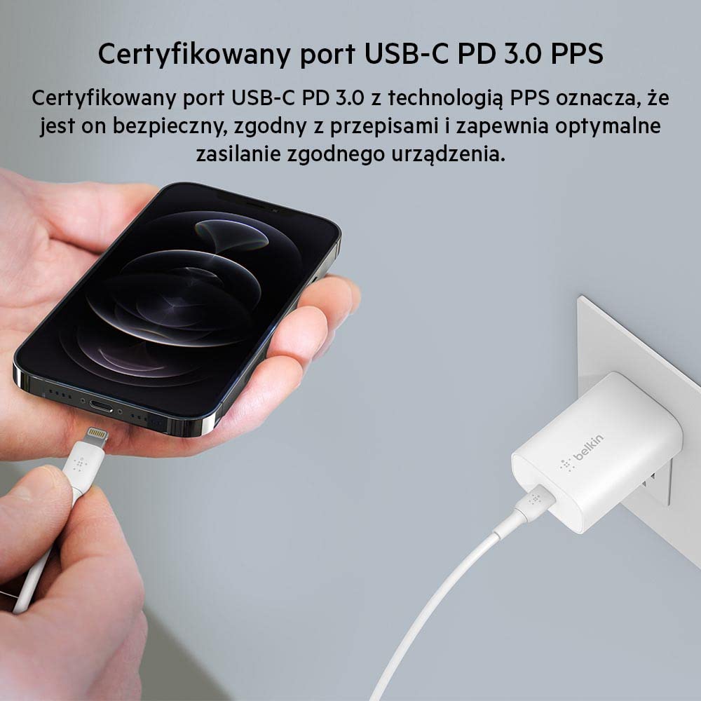 Belkin BoostCharge Ładowarka sieciowa 25 W z PPS, USB-C Power Delivery, szybka ładowarka do iPhone 15, iPhone 14, 13, 12, Samsung Galaxy S24, S23, iPad, Google Pixel'a i innych urządzeń