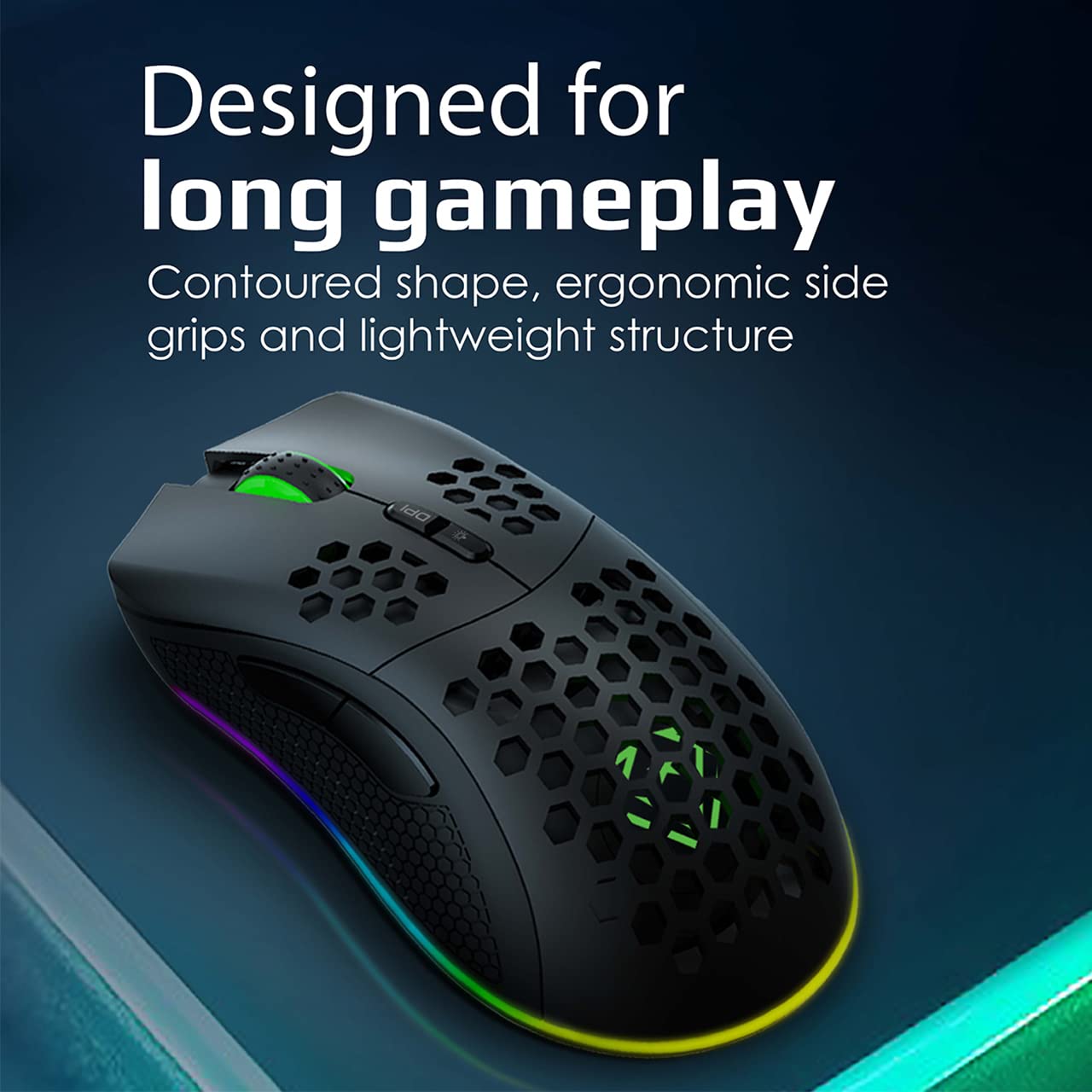 Vertux Ratón Gaming Inalámbrico, 7 Botones Programables, Sensor Óptico 16000 dpi, Recargable, Ajustable con LED RGB, 1000Hz, Ratón Gaming Dual, Diseño Honeycomb Ergonómico, PC/Mac/Portátil, Ammolite