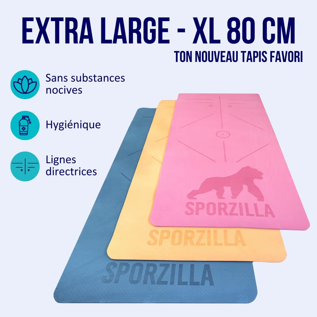 Tapis de fitness et de yoga XL de qualité supérieure, extra large 80 cm, épaisseur 8 mm, antidérapant et sans substances nocives, avec repères