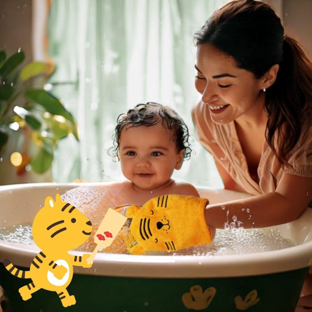 Hello Hippo® Lot de 6 Gants de Toilette Bébé & Parents – Gants Douche Coton – Tigre, Grenouille, Poussin – 3 Gants Parents + 3 Enfants – Débarbouillette Lavable