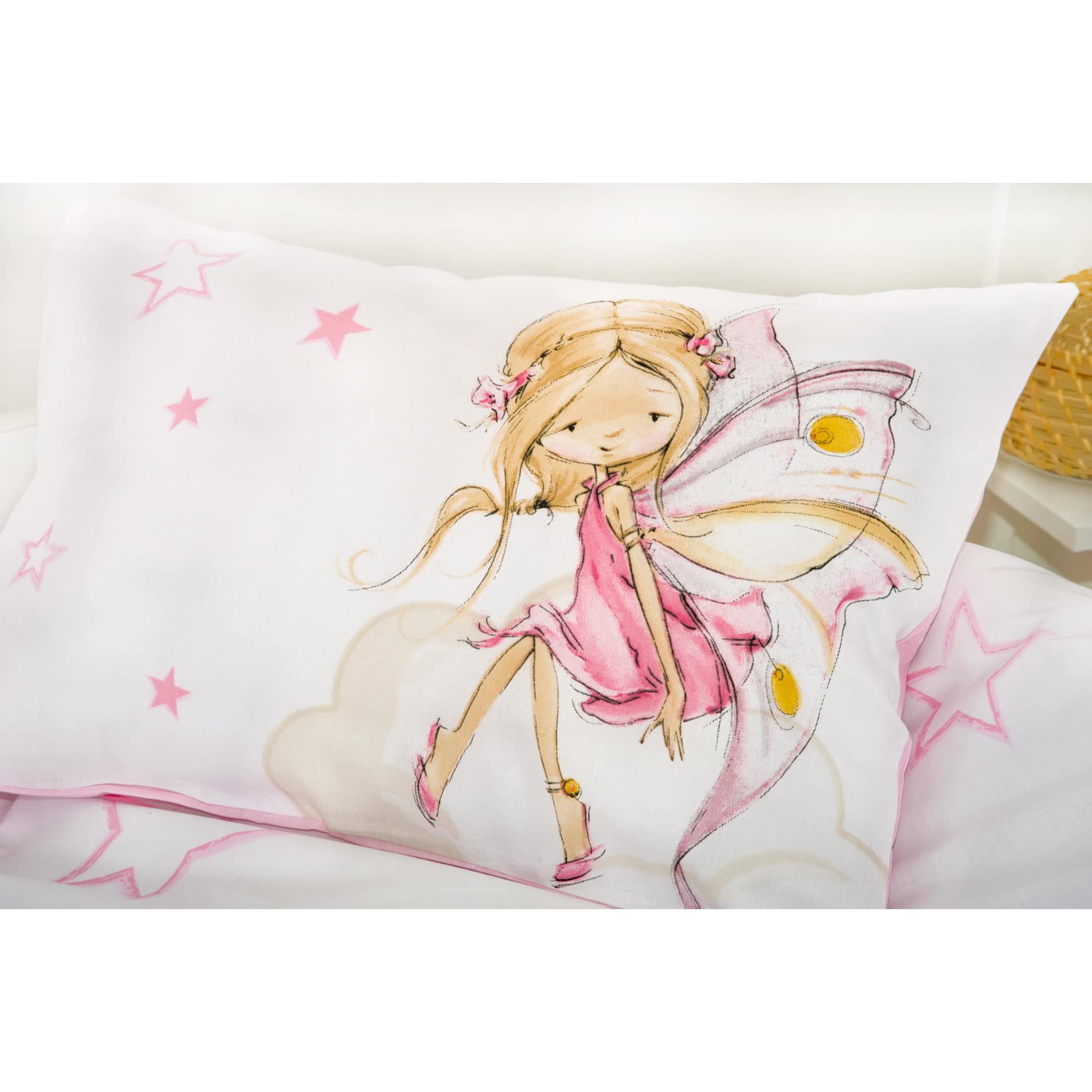 Herding Set Biancheria da Letto Little Fairy, MADE IN GREEN by OEKO TEX, Federa 40 x 60 cm con Chiusura a Busta, Copripiumino 100 x 135 cm con Cerniera Scorrevole, 100% Cotone Renforcé, Rosa