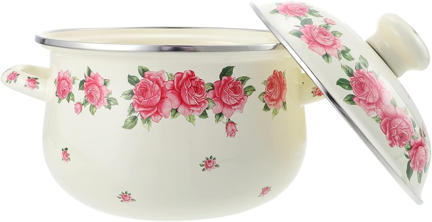 PRETYZOOM Retro Enamel Stockpot with Double Handles Handheld Soup Pot Heat-resistant Kitchen Essential for Cooking Healthy Meals Charming Pink Rose Design