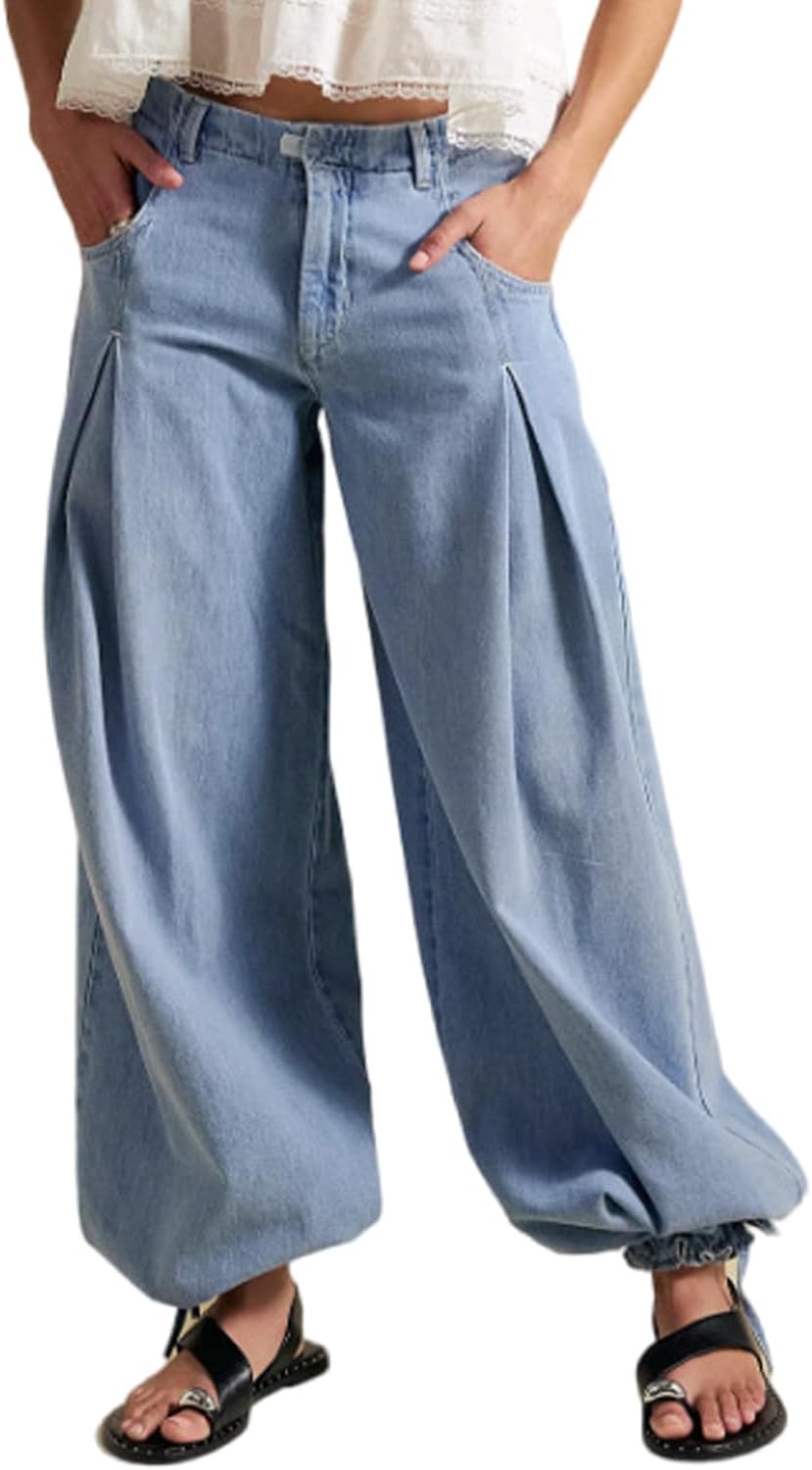 yoeasy Women's Lotus Tube Jeans Baggy Wide Leg Y2k Barrel Jeans Drawstring Ankle Balloon Denim Pants with Pockets