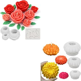 7 Pcs Flower Candle Molds, 3 Pcs Rose Silicone Molds with Leaf Mold + 3 Pcs Chrysanthemum Silicone Mold
