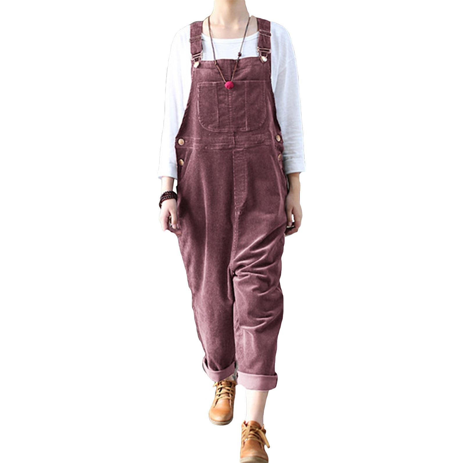 Crostriton Women's Red1 Vintage Corduroy Dungarees Baggy Sleeveless Overall Strap Jumpsuits Pants