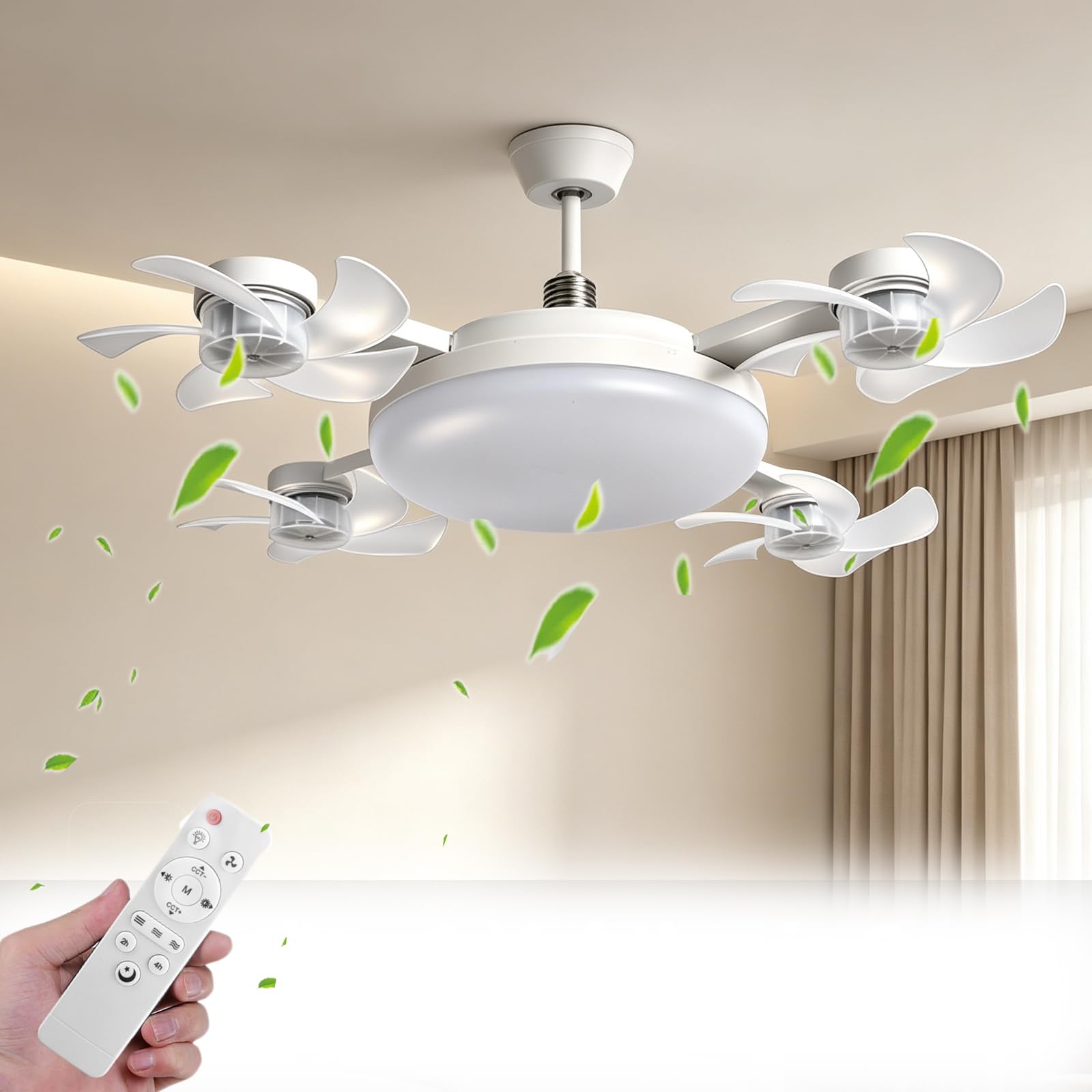 HIDRUO Drone Fans, E27 Socket Ceiling Fan, Socket Fan Light with Remote, Drone Style Ceiling Fan with Lights, Dimmable Timing Socket Light Bulb Fans, Silent Plug in Lamp Fans (4-Head, Ceiling Fan)