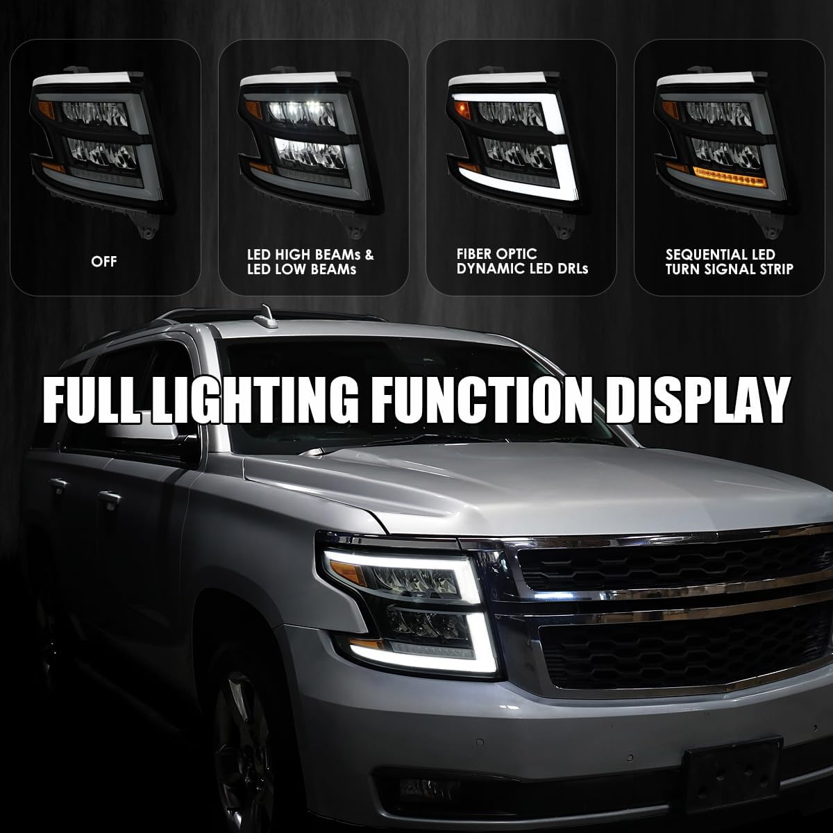 SPEC-D TUNING Full LED Black Smoke Headlights w/Sequential Turn Signal, DRL & Startup Animation Compatible with 2015-2020 Chevy Tahoe, Suburban Left + Right Assembly