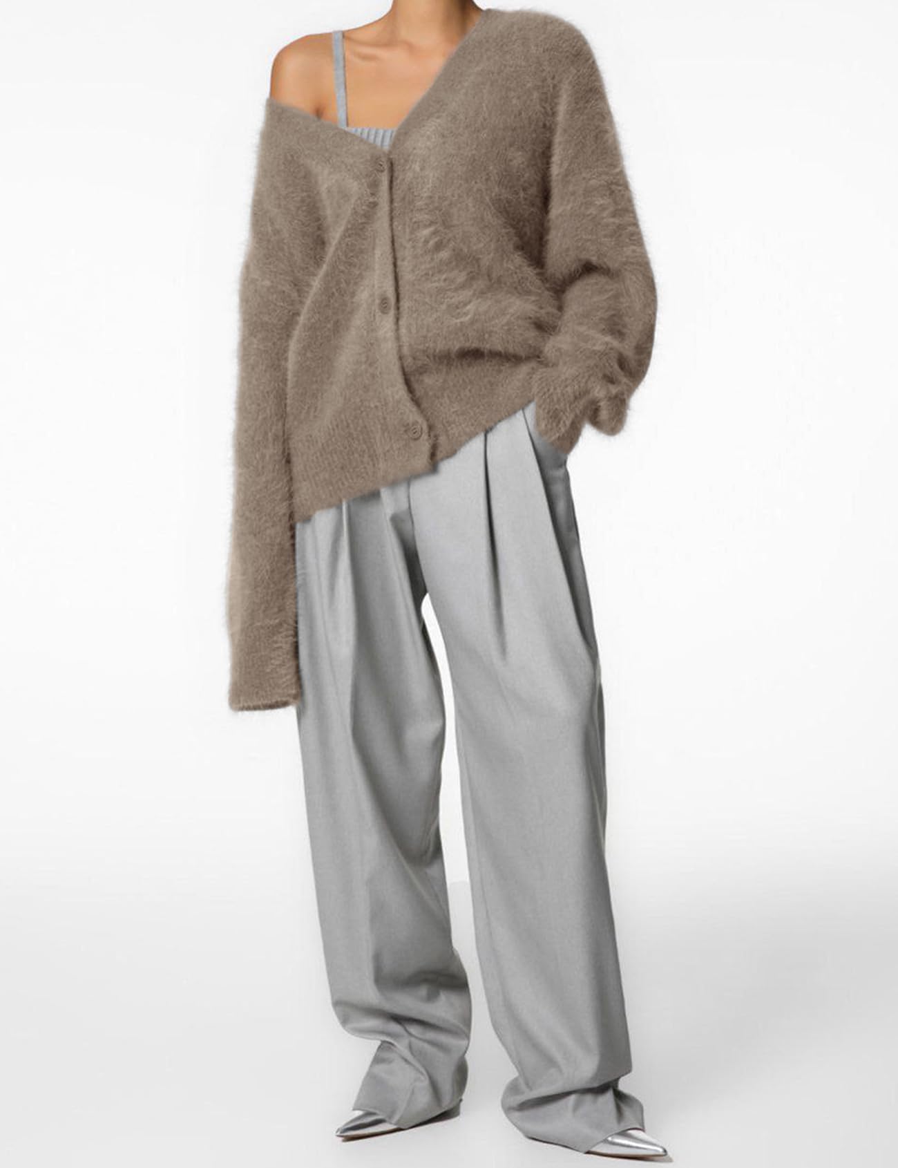Yimoon Damen-Strickjacke mit Flauschoptik, V-Ausschnitt, langen Ärmeln, Knopfleiste und lockerem, flauschigem Strick 2026