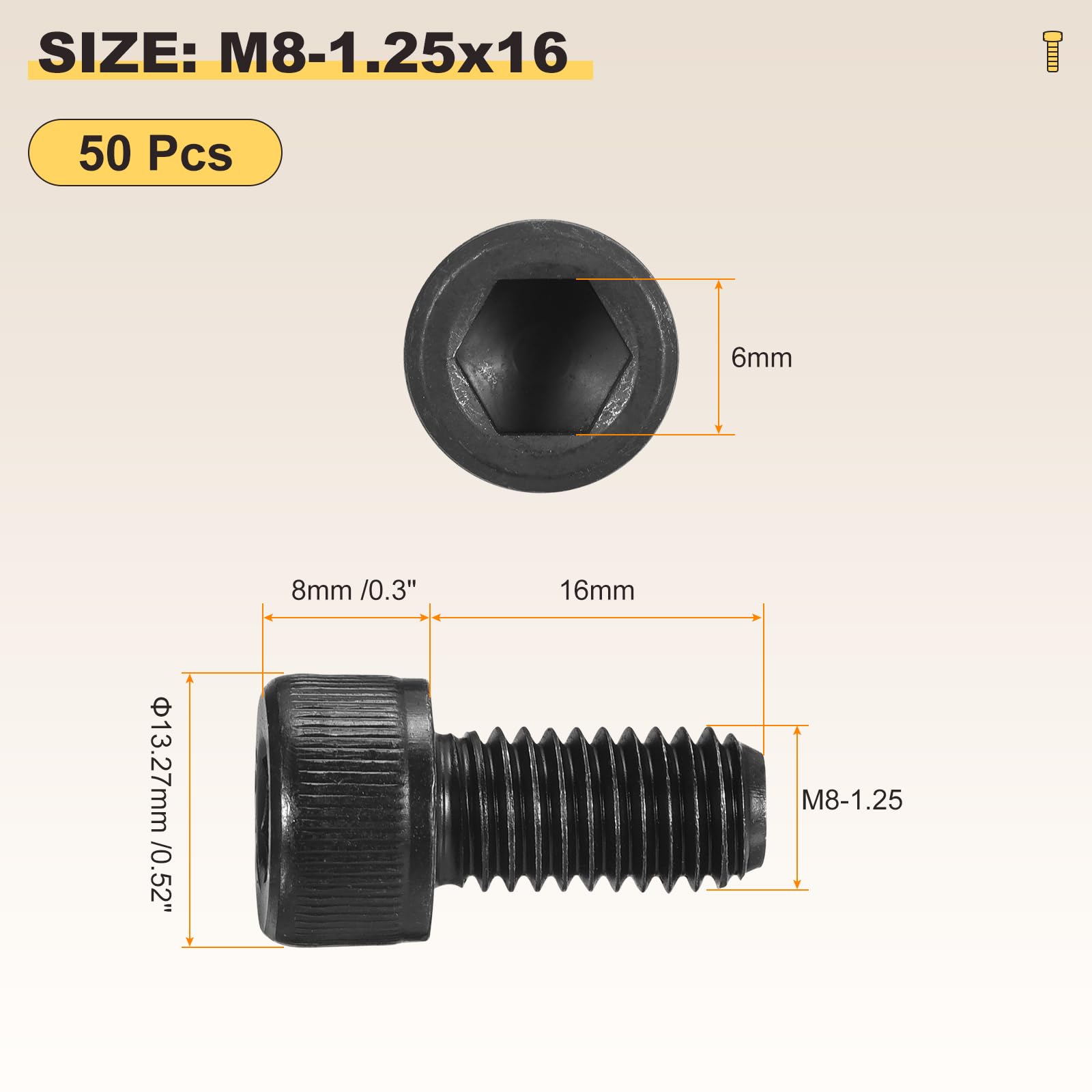 METALLIXITY Socket Head Cap Screws(M8-1.25x16mm)50Pcs, Carbon Steel Allen Socket Drive DIN912/ISO4762 Metric Oxide - Image 2