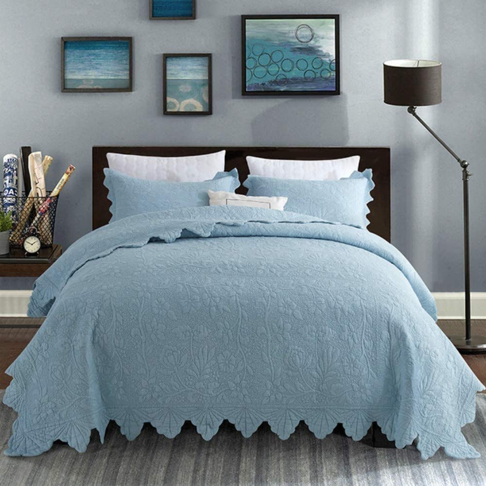 Scumlovy Quilted Cotton Bedspread Set King Size Lightweight Warm Embossing Comforter Quilt Bed Throws Coverlet, 3 Pieces Bedding with Bedspreads + 2 Pillow Shams,Blue-230x250cm