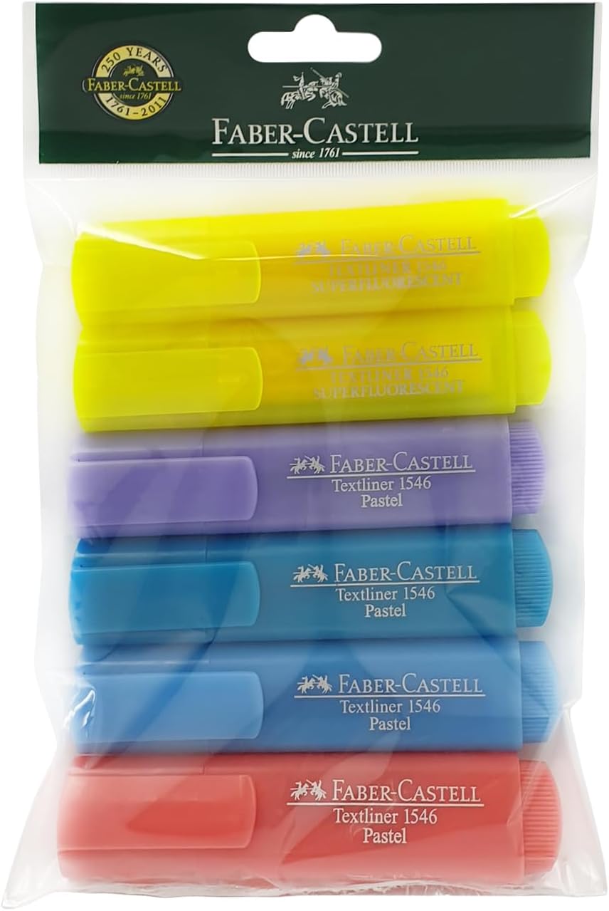 Faber-Castell Textliner,Highlighter 6pcs Assorted Colours, 3 different line widths 1, 2 and 5 mm