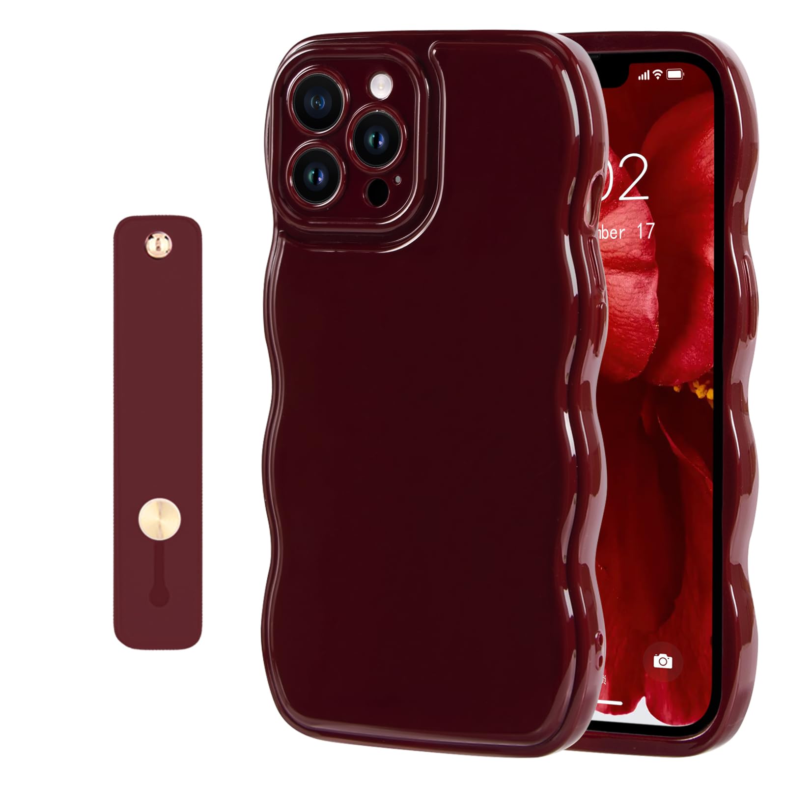 NITITOP Compatible with iPhone 15 Pro Case Cute Simple Wave Design Stylish Wavy Curly Frame with Wrist Adjustable Hand Strap Kickstand Grip Holder