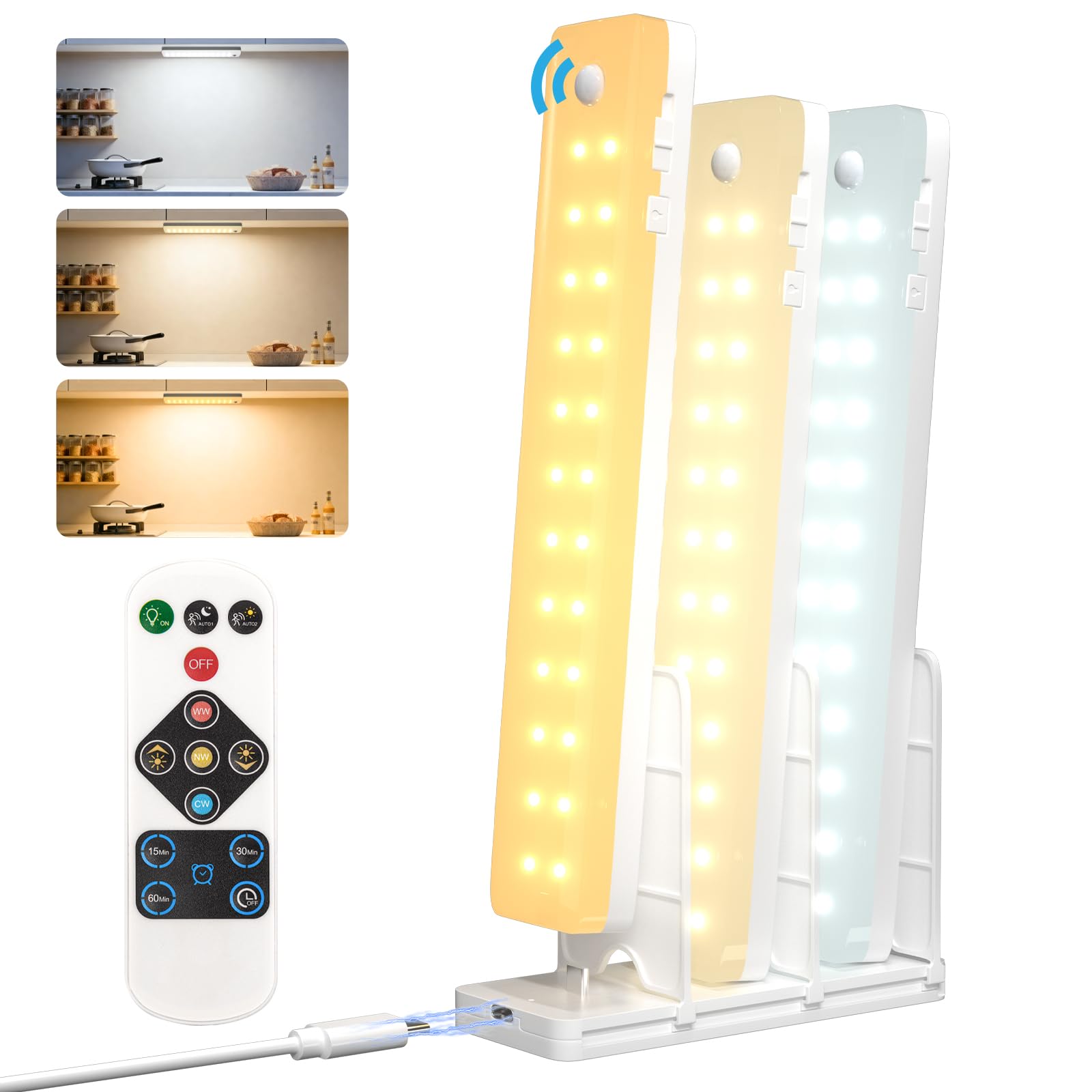 Under Cabinet Kitchen Lights Wardrobe lights Motion Sensor, Rechargeable Cabinet Light with Charging Station, LED Cupboard lighting, Dimmable & 3 Colors, Under Counter Light for Stairs Closet, 3 Pcs