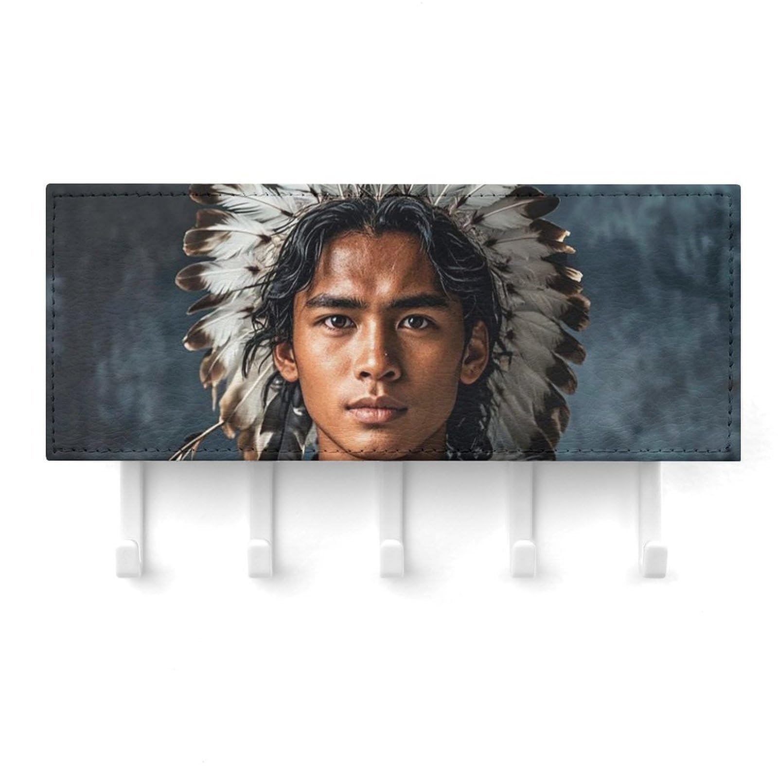 QMNLKH Indigenous People and Wolves Wall Mounted Key Rack for Home, No Drilling Key Holder with 5 Hooks, Self Adhesive Keys Chain Organizer for Hallway, Keys Hanger Shelf for Office, Doorway White