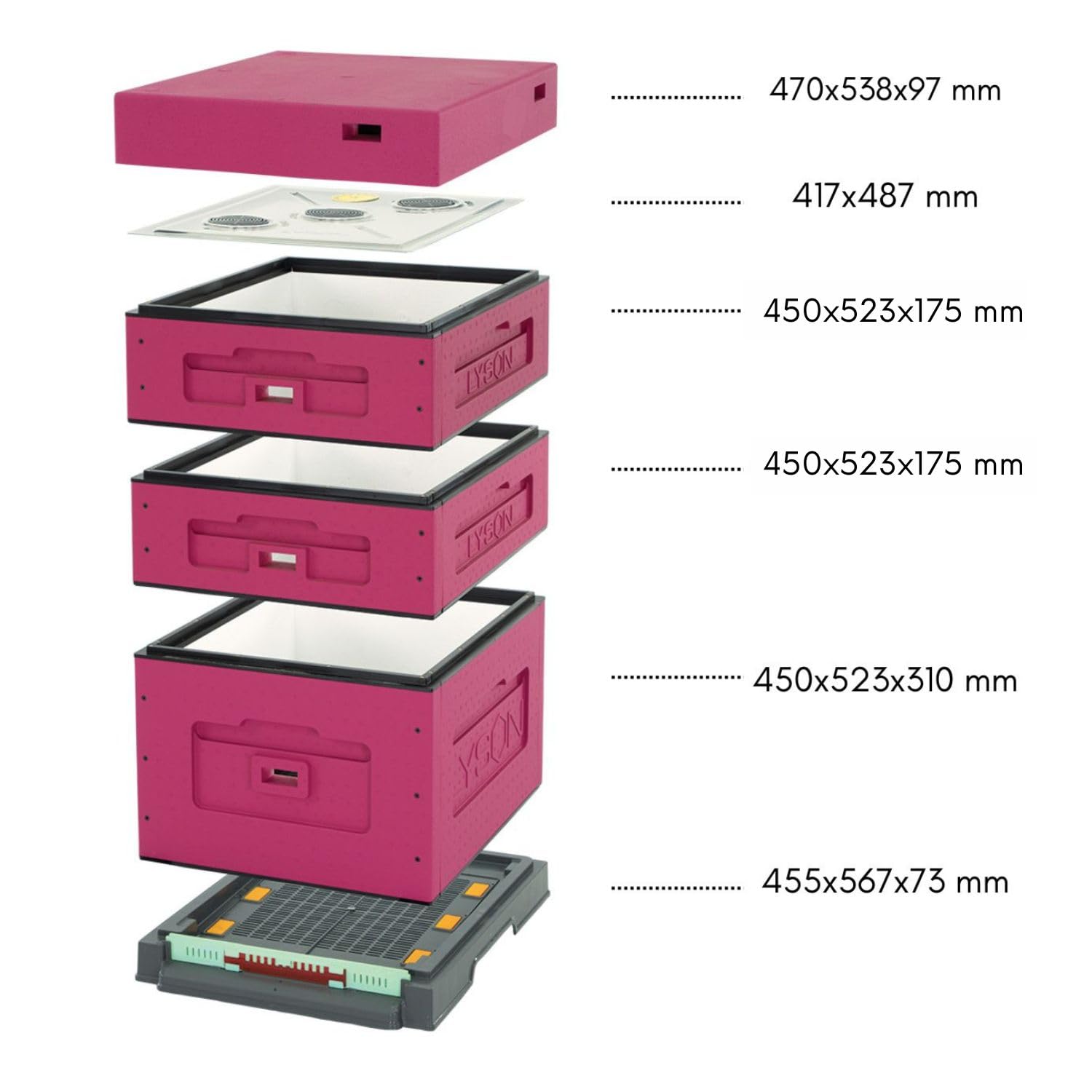LYSON Kit Ruche d'abeilles Dadant Optima avec fond en plastique Varroa bas peint (rose foncé) - Demi-cadre: 40×47×15,8cm (dimensions intérieures) - Cadre: 40×47×29,5cm (dimensions intérieures)