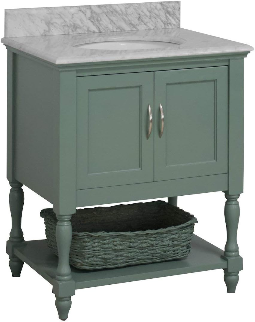 Beverly 30-inch Bathroom Vanity (Carrara/Sage Green): Includes Sage Green Cabinet with Authentic Italian Carrara Marble Countertop and White Ceramic Sink