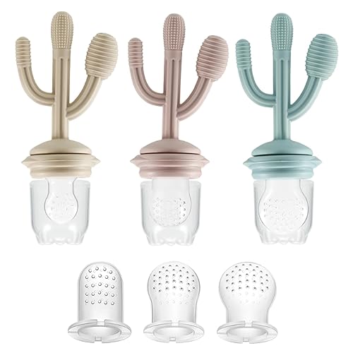 PandaEar Chupón alimentador de frutas para bebés, paquete de 3 alimentadores de silicona con forma de cactus, mordedor, 3 tamaños, bolsas de