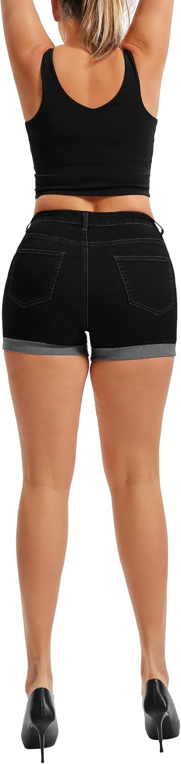 Pnadty Women's Summer High Waisted Stretch Denim Shorts Casual Folded Hem Jean Shorts - Image 6