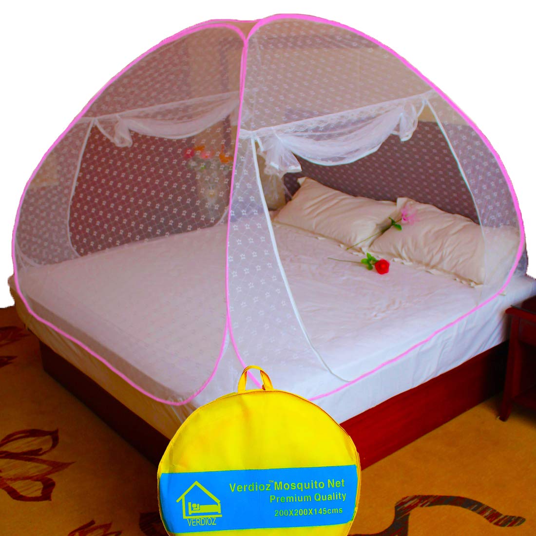 VERDIOZ White Embroidery Cotton Mosquito Net for Double Bed King Size Machardani, Corrosion Free Steel Wire with Ventilation, Visibility and Saviour Kit -(King Size, 200X200X145 Cm, Pink)