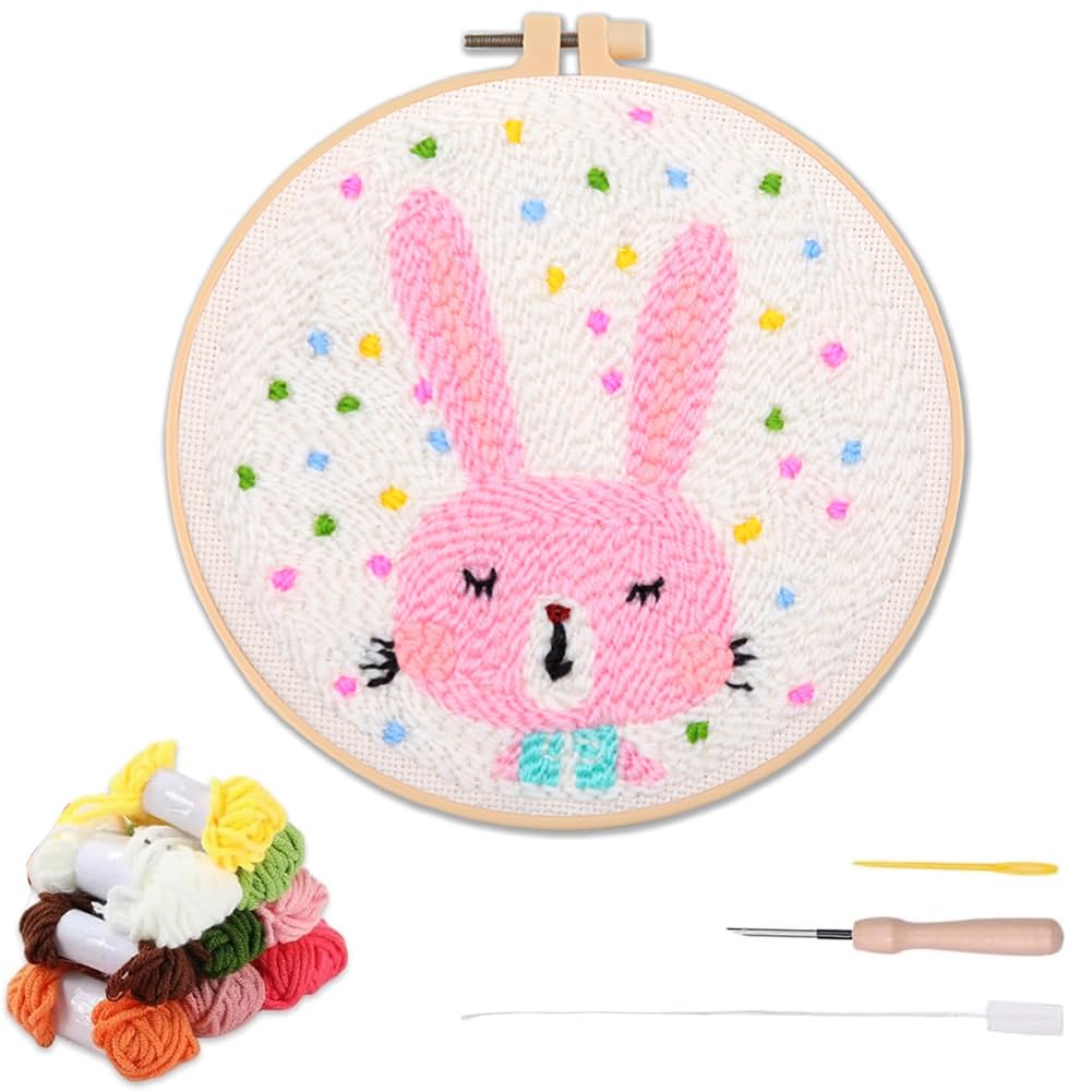 YEESAM ART Punch Needle Kit with Cute Pink Rabbit Patterns, Full Set DIY Punch Needle Embroidery Set with Hoop Tool, Easy Craft for Adults Beginners