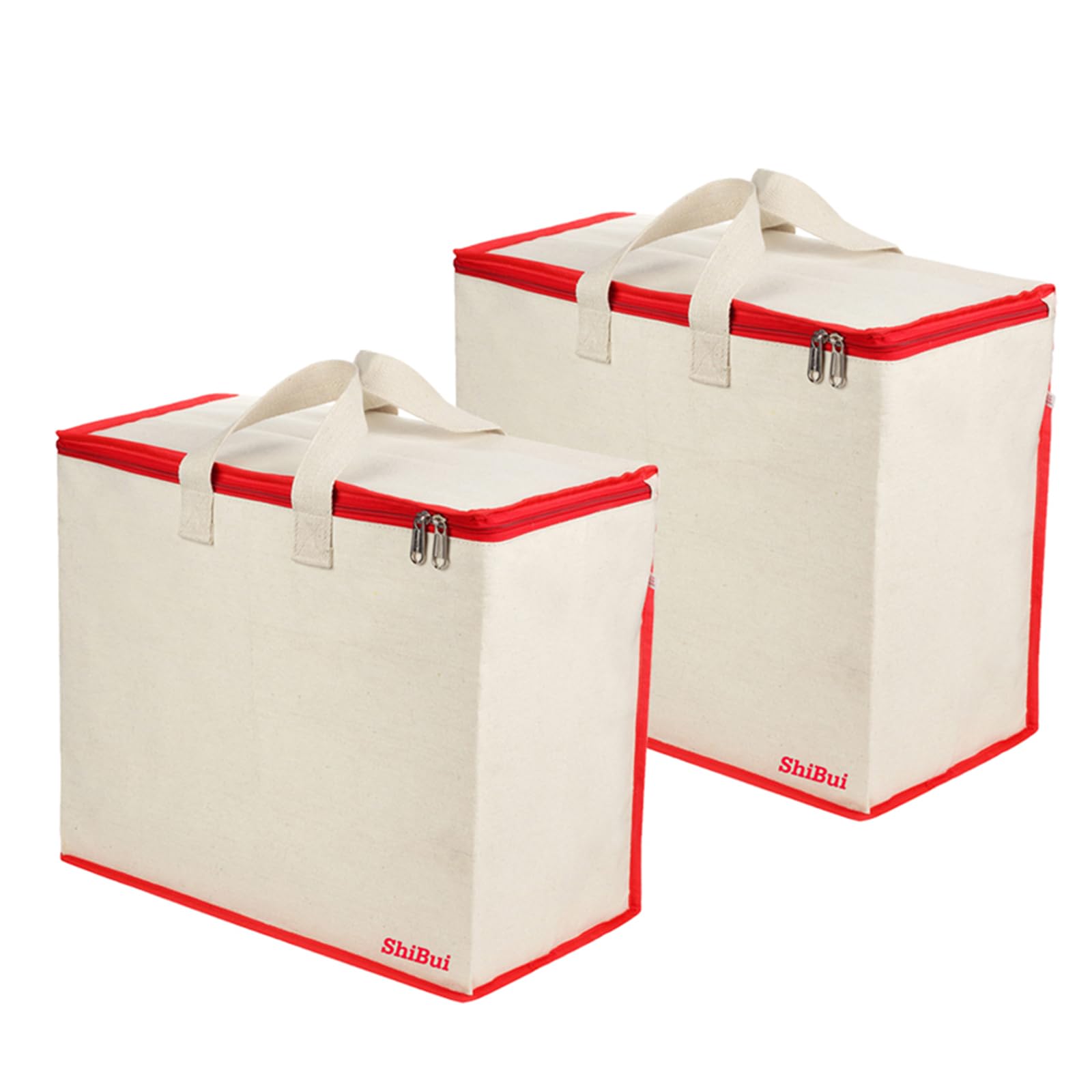 SHIBUI Canvas Reinforced Cotton Handles with Multipurpose Clothes Storage Organizer & Grocery vegetable shopping and Covers Zip Bags. (Red, Pack of 2)