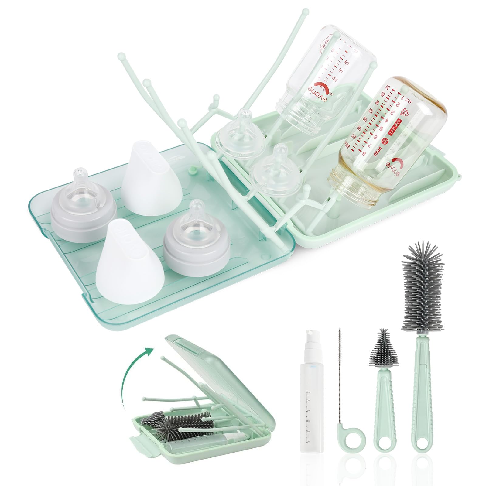 Reise Baby Flaschenbürsten-Set, 6 in 1 Tragbarer Babyflaschen Bürste Set mit Silikonbürste, Nippelbürste, Strohbürste, Seifenspender und Flaschenhalter, ideal für Zuhause & Unterwegs