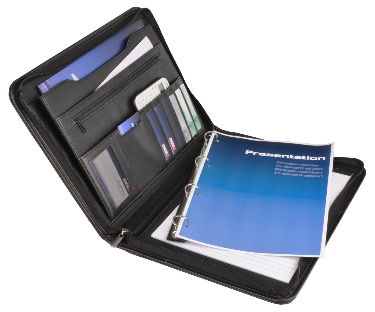 Porte-document A4 DESQ avec classeur à anneaux 25 mm, fermeture éclair, 5 pochettes, noir