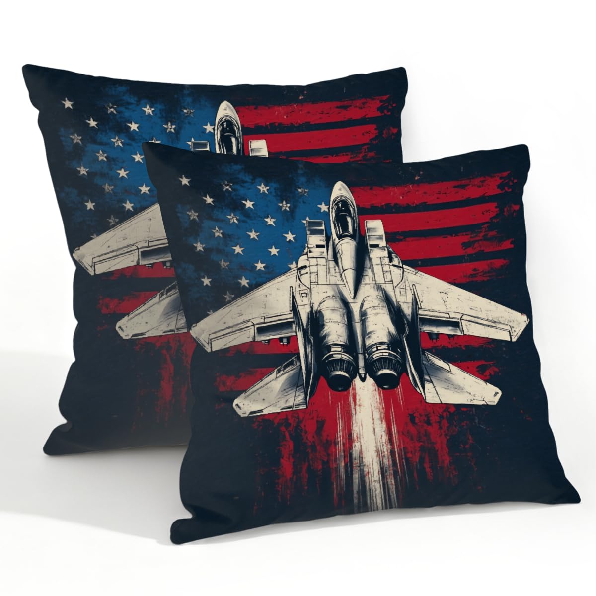 Outdoor Pillow Covers Waterproof Pillowcases 22x22in Set of 2 4th of July American Flag Fighter Jet Decorative Throw Cushion Case for Couch Sofa Garden Patio Furniture