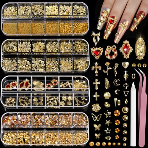 Teenitor Gold Nail Charms and Gems Set 4 Boxes Nail Gems Nail Pearls Nail Art Tools 3D Cross Nail Charms Heart Nail Rhinestones for Nails Supplies Charms for Nails Design Nail Art Kit